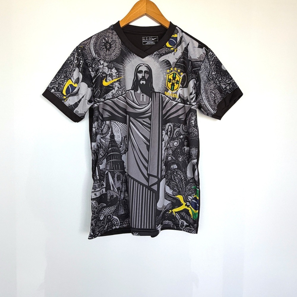 Nike Brazil Soccer Jersey Mens S Black Christ the Redeemer Graphic Tee